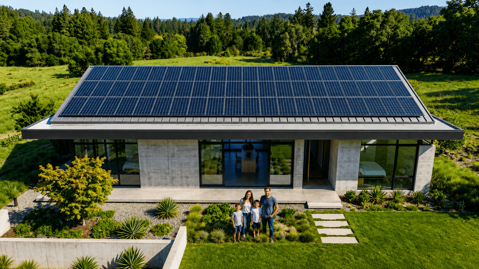 Moderne Sichtbeton-Immobilie mit integrierter Solaranlage auf dem Dach, Familie davor